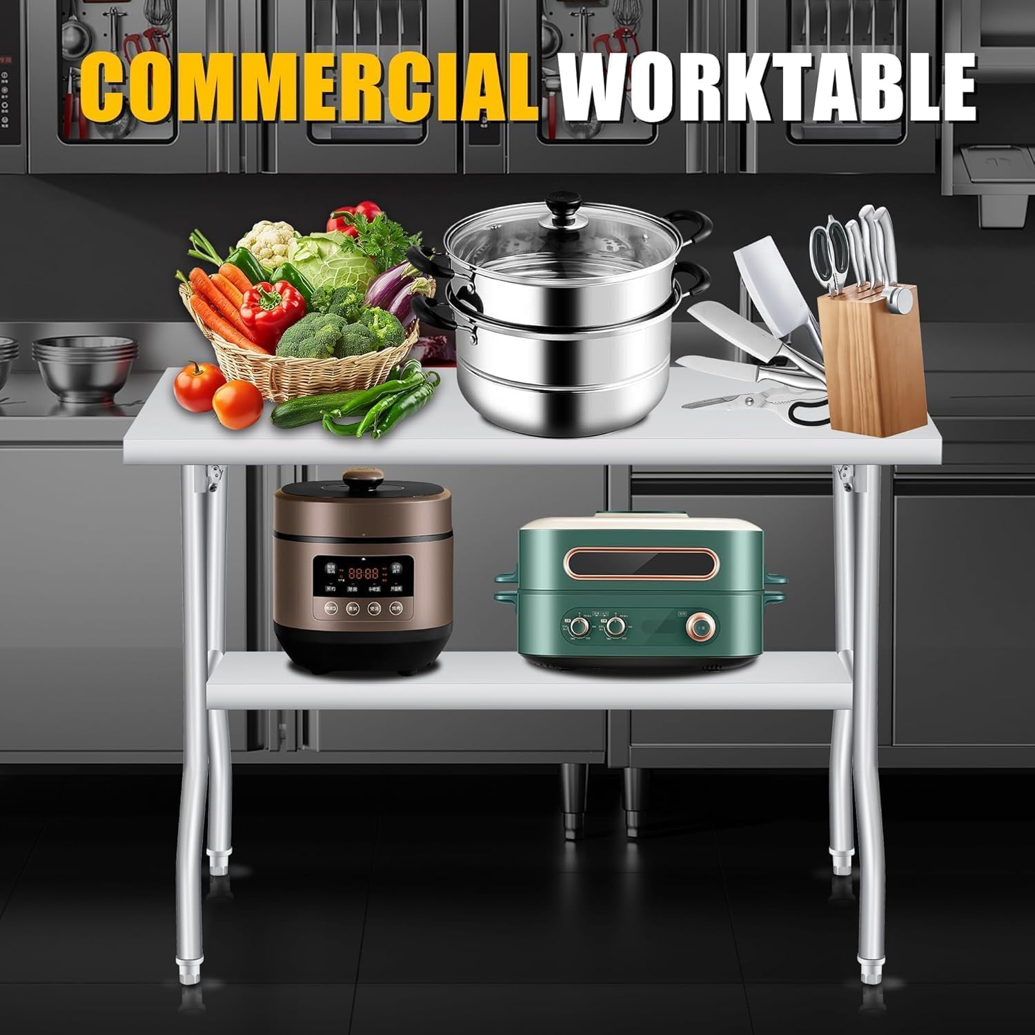 Folding Stainless Steel Table 48 x 30 Inch, 2-Tier Metal Foldable Work Table, 1100 LB Load Capacity, No Assembly Required, Portable Prep Table for Kitchen, Laundry, Restaurant, Camping, Garage