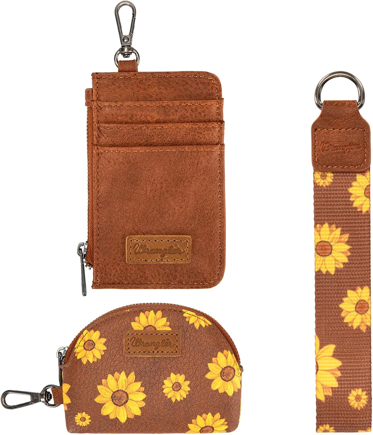 Wrangler KeyChain Wristlet Wallets for Women Sunflower Floral Dual Pouch Wristlet Western Credit Card Holder Wallet with Zipper Pocket