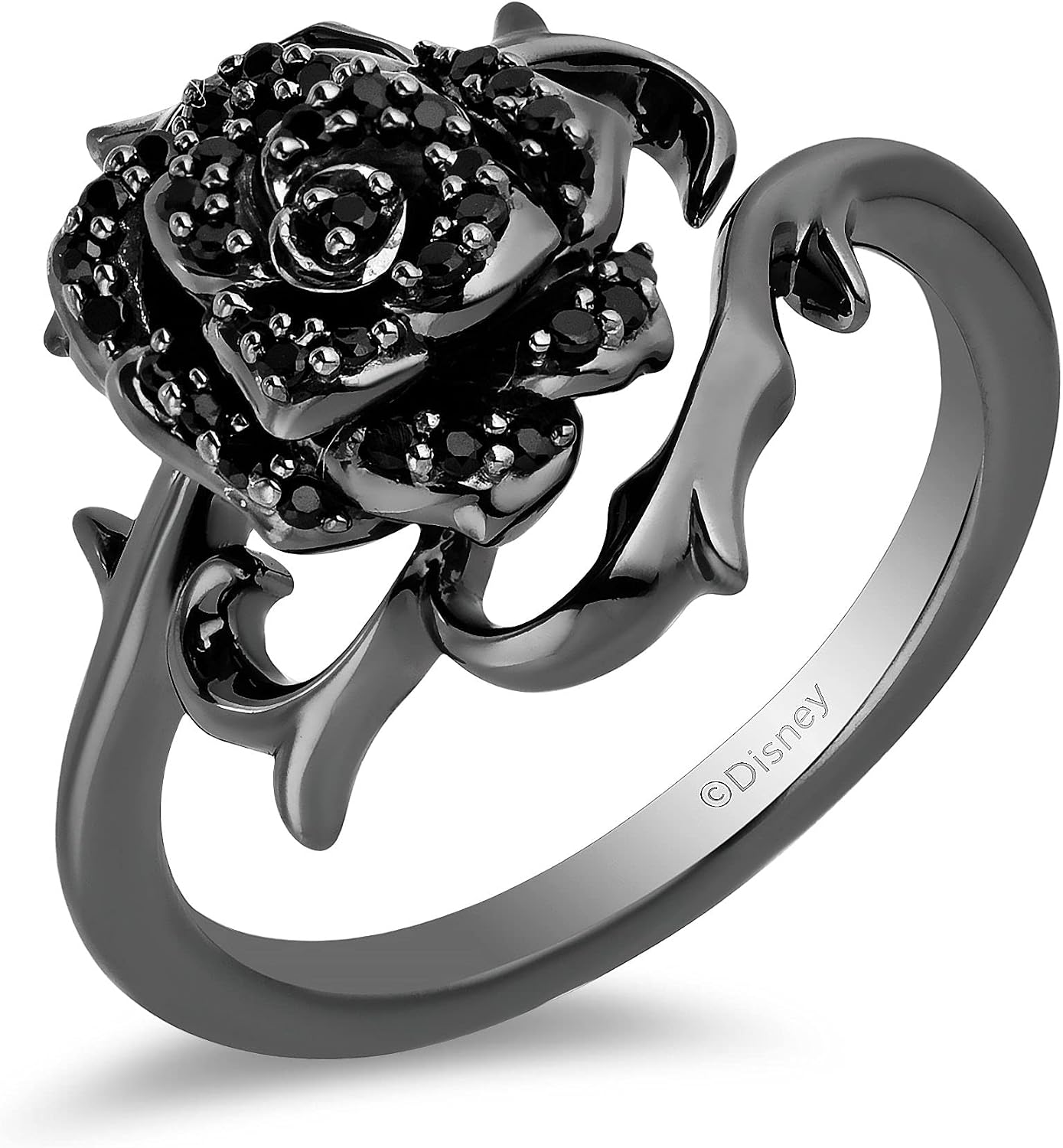 Jewelili Enchanted Disney Fine Jewelry Black Rhodium over Sterling Silver 1/4 Cttw Treated Black Round Diamond Maleficent Black Rose Ring
