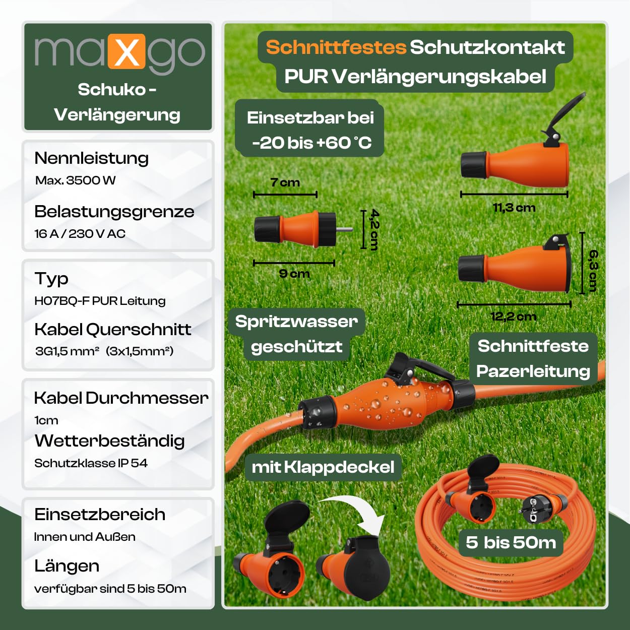 Verlängerungskabel 10 Meter IP54 Außen Verlängerung 10m Stromkabel Außenbereich Kabel Strom Verlaengerungskabel Gummikabel H07BQ-F 3x1,5 Schuko Outdoor Extension Cord