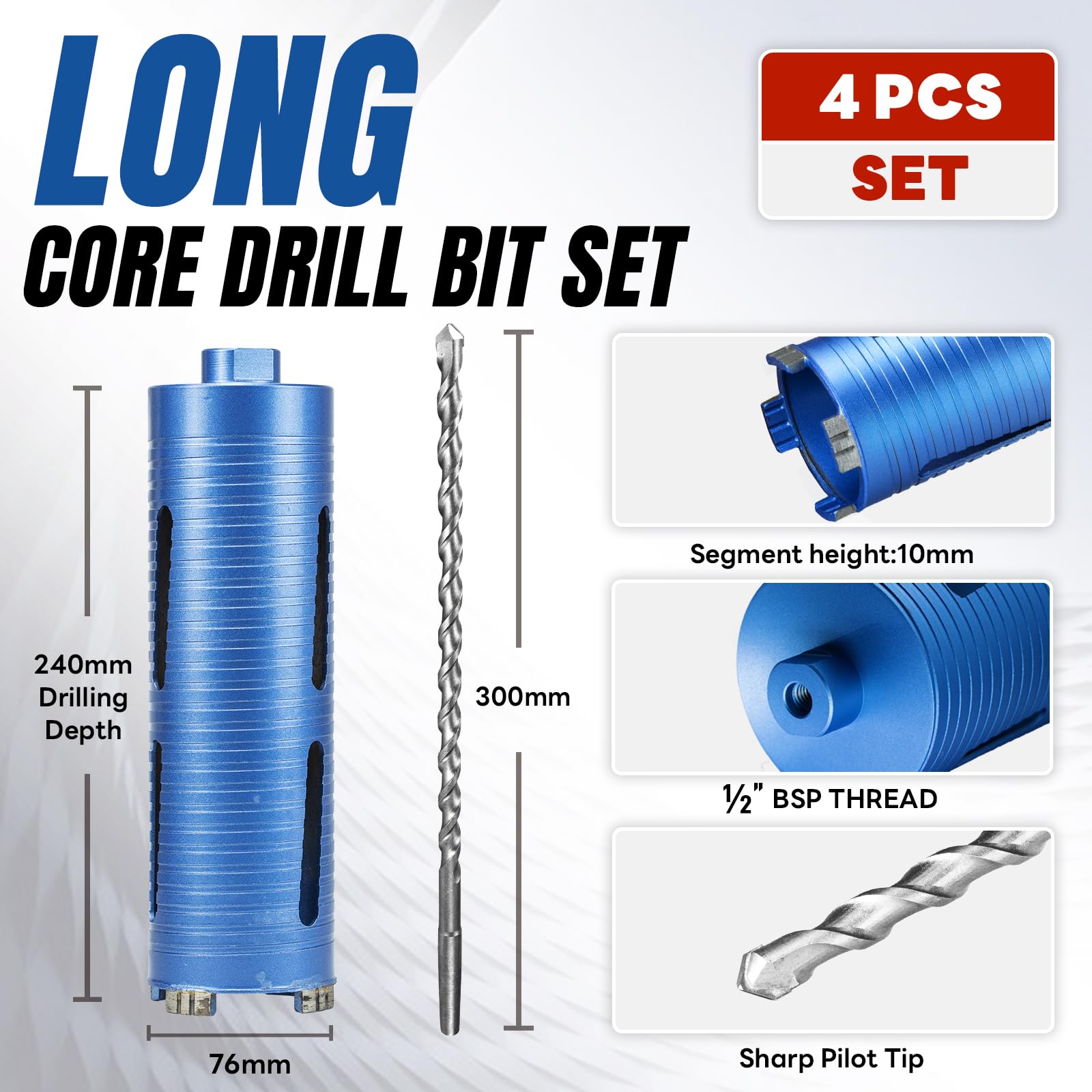 76mm x 240mm Jeu de carotte longue avec adaptateur SDS Plus 240mm, 110mm et foret pilote central, carotte diamantée pour brique, bloc, maçonnerie, pierre, filetage 1/2 BSP (Pour trou 75mm)