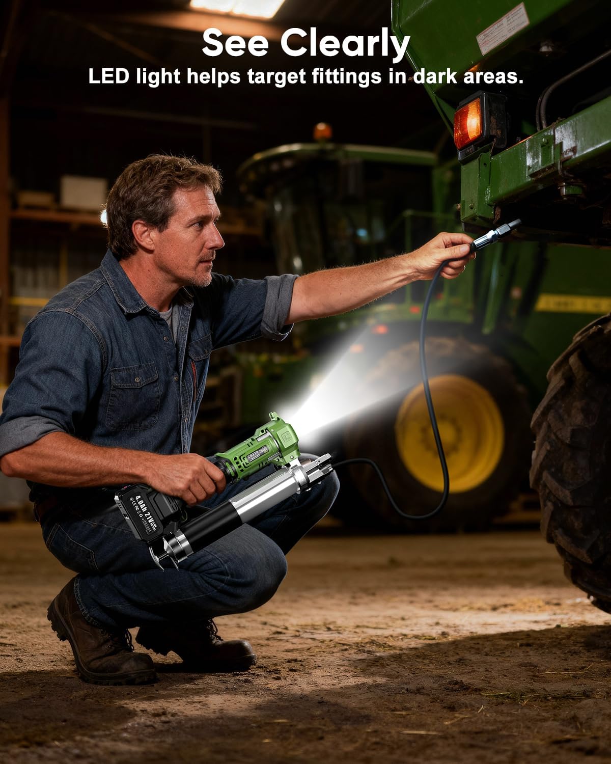J-KU Electric Grease Gun 12000 PSI: Cordless Grease Gun with 8000 mAh Batteries, 5.6 oz/min, 39.4" Hose & 90° Coupler, LED Light - Effortless Heavy-Duty Tool Kit for Farm,Tractor & Heavy Equipment