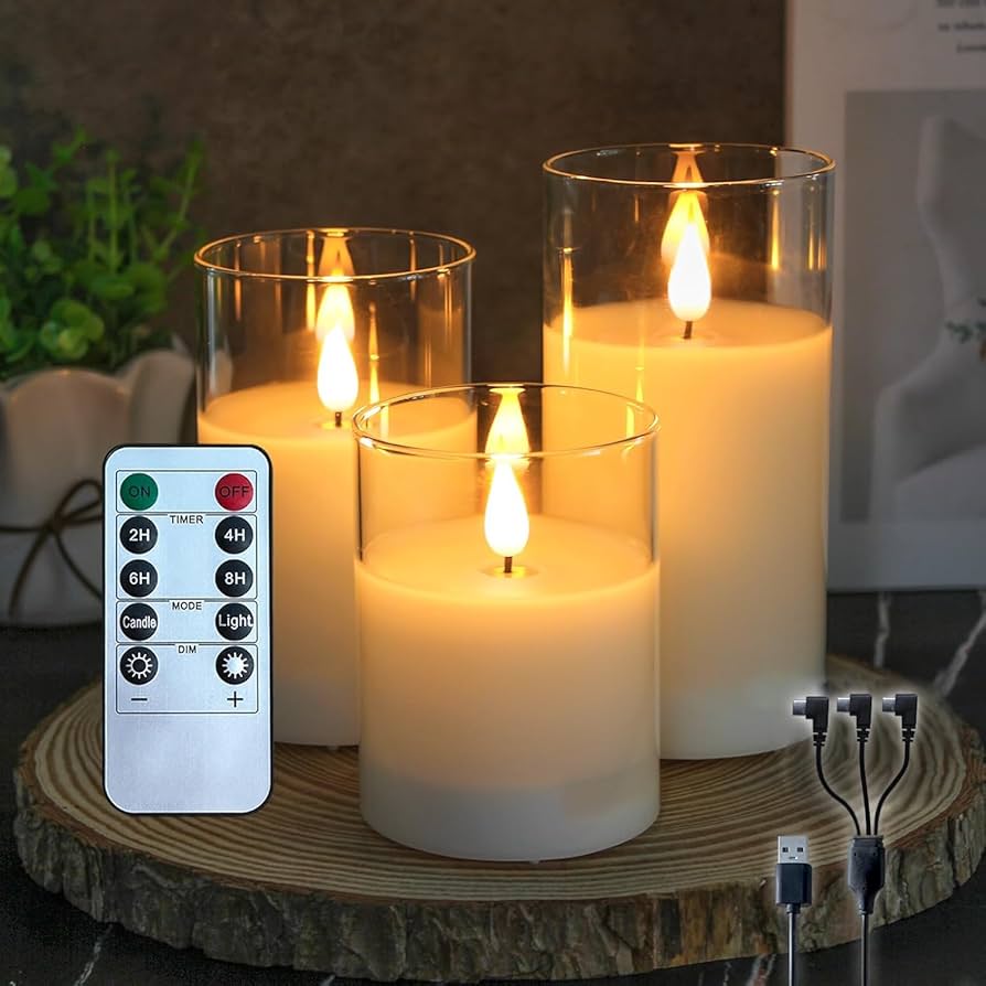 Rechargeable Flameless Candle, Flashing LED Pillar Real Wax Candle with Remote Control and Timer, Clear Glass Electronic Candles for Room Decoration, 1 Set of 3
