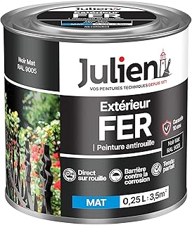 Julien Peinture Fer Anti-Rouille Mat - Portes, grilles, portails, mobilier de jardin en métal - Noir Mat 0,25 L