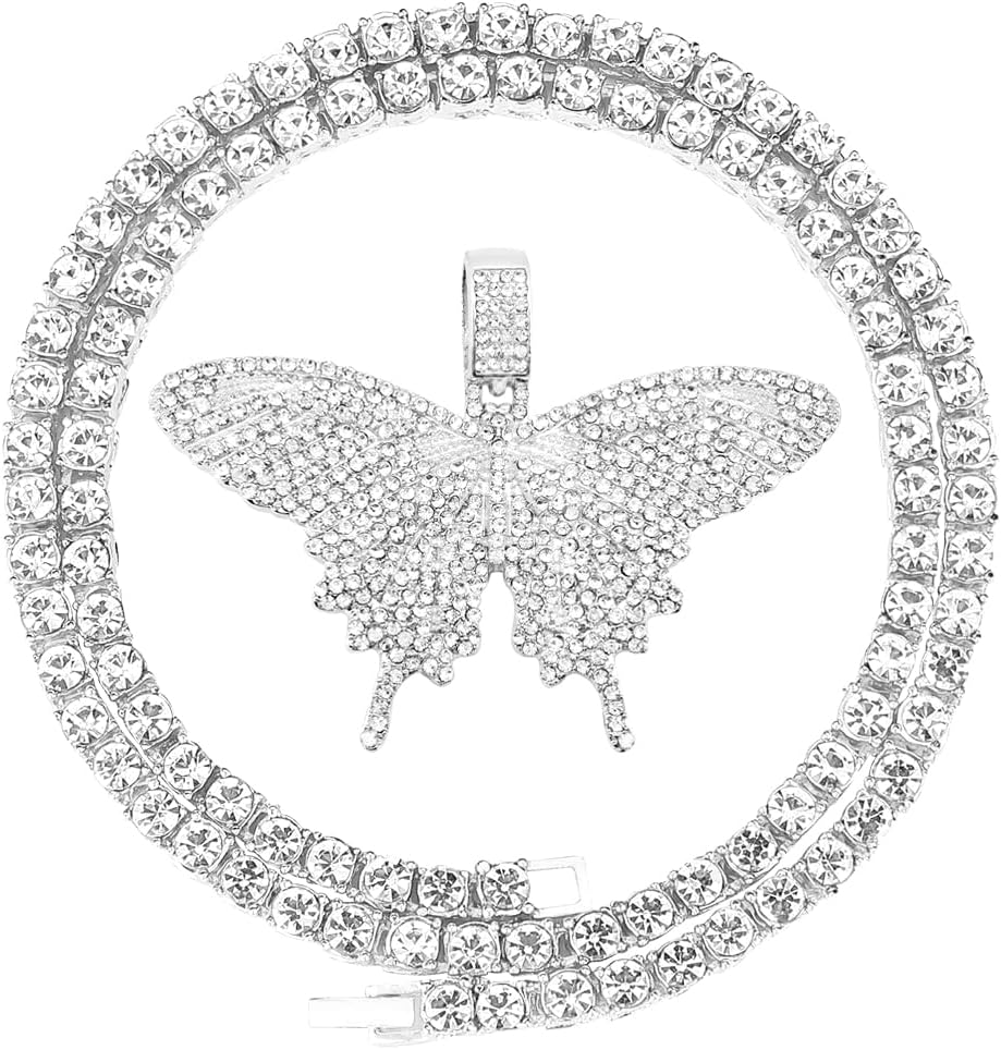 HH BLING EMPIRE Iced Out Silver/Gold Diamond Butterfly Necklace for Men Women, Hip Hop Big Butterfly Pendant with Rope/Tennis/Cuban Link Chains 22 Inch (Silver butterfly A & Cuban Link Chain)