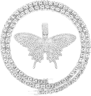 HH BLING EMPIRE Iced Out Silver/Gold Diamond Butterfly Necklace for Men Women, Hip Hop Big Butterfly Pendant with Rope/Tennis/Cuban Link Chains 22 Inch Silver butterfly A & Cuban Link Chain