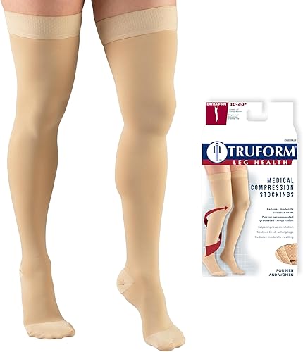 Truform - Calcetines de compresión 30-40 mmHg para hombres y mujeres, altura hasta el muslo, punta con puntos, punta cerrada, beige, talla S