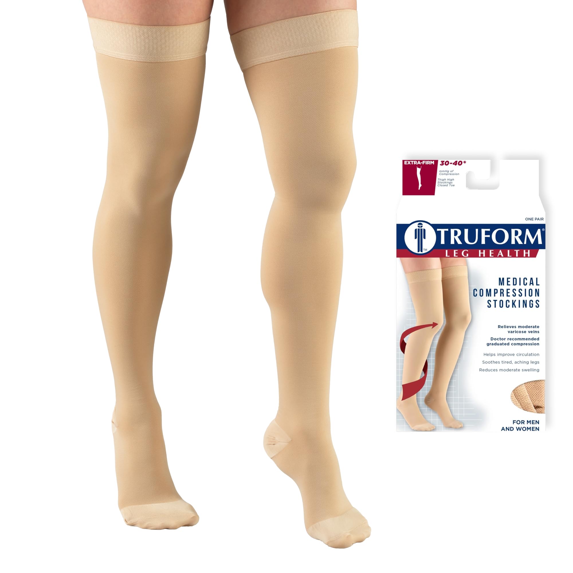 Photo 1 of Truform 30-40 mmHg Compression Stockings for Men and Women, Thigh High Length, Dot-Top, Closed Toe, Beige, Large
