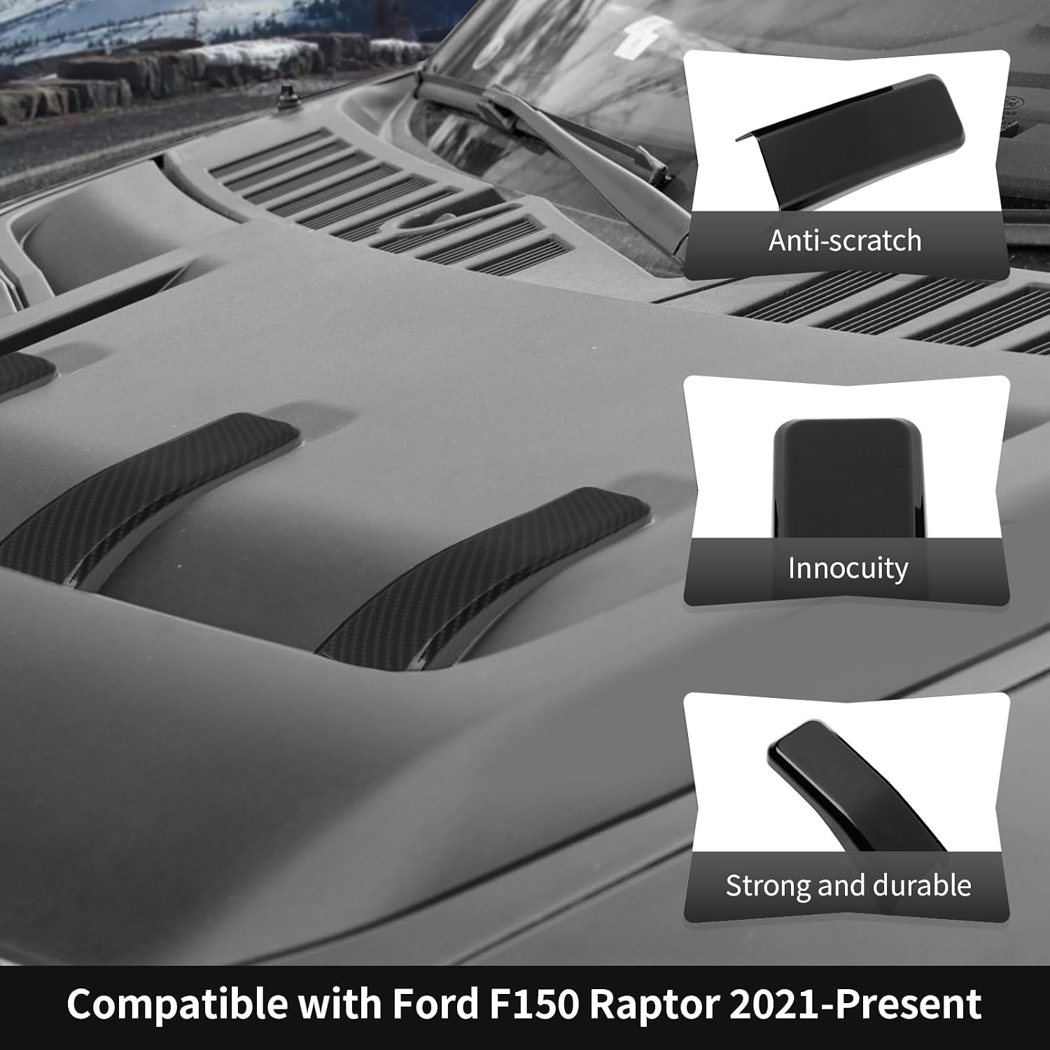 CheroCar Hood Scoop Air Vent Cover Trim Fit for 2021-2026 Ford F150 Raptor, Carbon Fiber, Black, Front, ABS Material, 3 Count