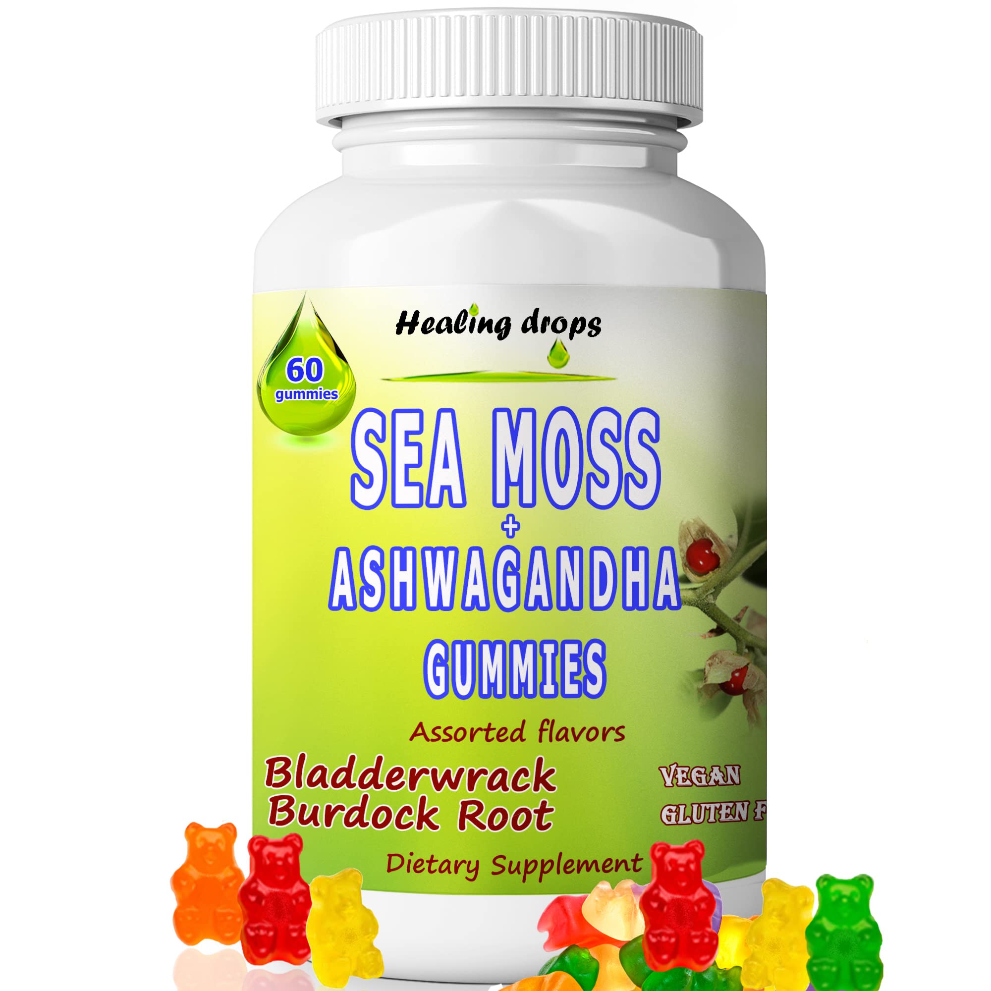 Sea Moss Gummies Ashwagandha with Bladderwrack Burdock Root, Alkaline Keto Vegan Non-GMO Diet, Dairy and Gluten Free – by Healing Drops