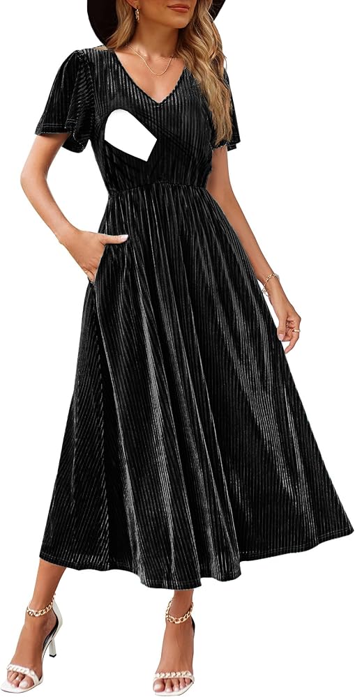 CzzzyL 2024 Velvet Wedding Dress for Women Maternity Nursing Friendly Short  Sleeve V Neck Evening Postpartum Long Dresses with Pockets(Black,Small) at  Amazon Women's Clothing store