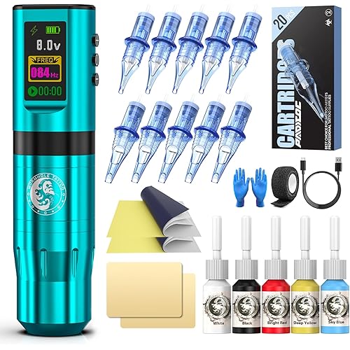 Tattoo Gun Kit, Wormhole Tattoo Kit Wireless Tattoo Machine Kit with Digital Led Display 1,800 mAh Tattoo Power Supply Smart Tattoo Pen Tattoo Cartridge Needles WTK277
