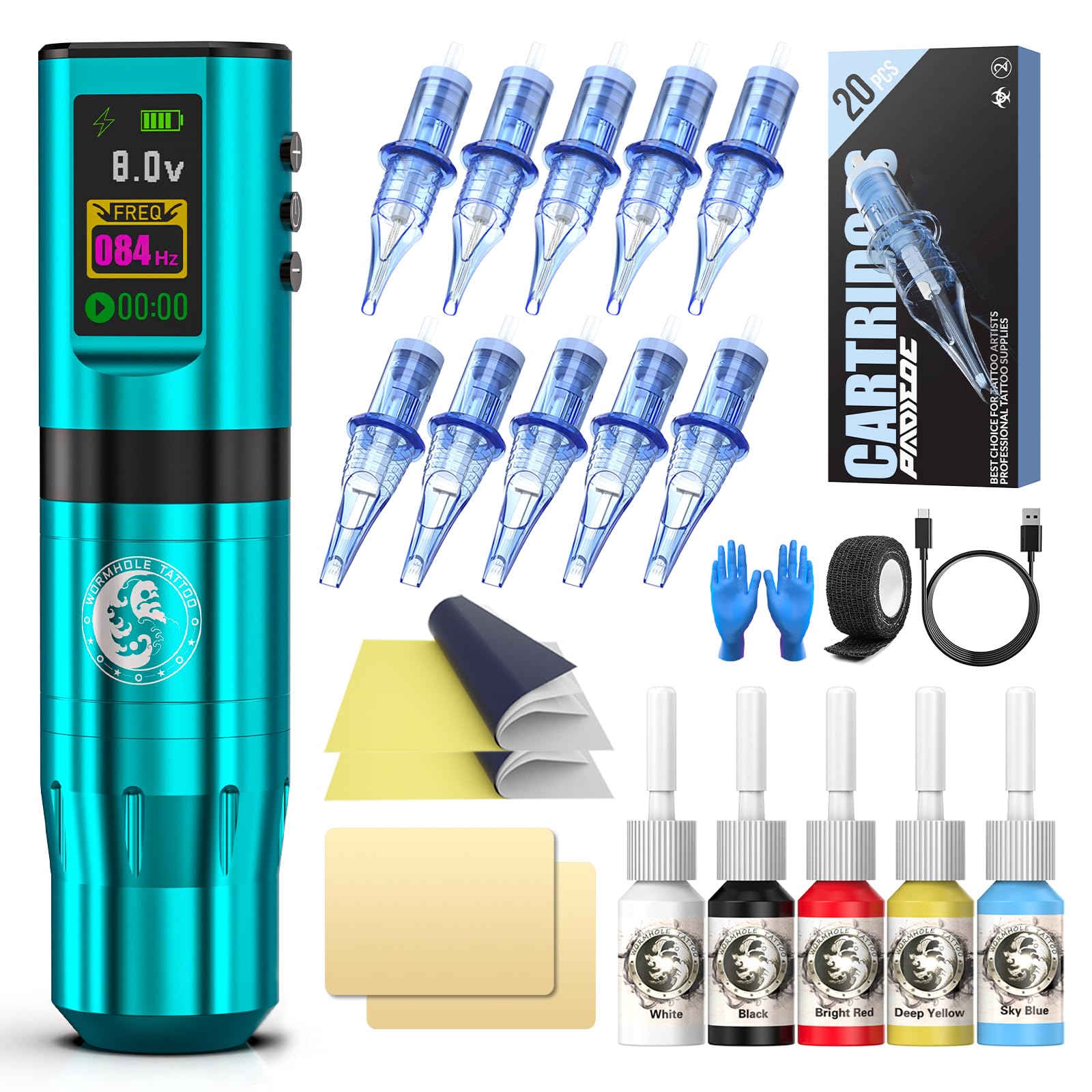 Tattoo Gun Kit, Wormhole Tattoo Kit Wireless Tattoo Machine Kit with Digital Led Display 1,800 mAh Tattoo Power Supply Smart Tattoo Pen Tattoo Cartridge Needles WTK277