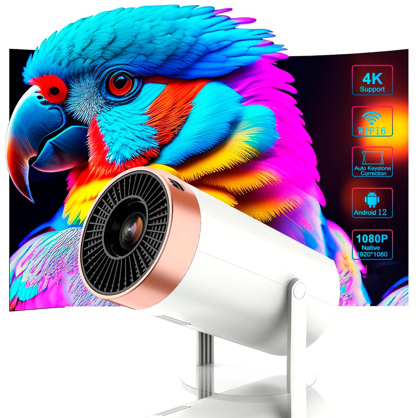 Mini Projector 4K Support, Projector WiFi6 BT 5.0 Android 11, Smart Projector Auto Correction,180°Rotatable Outdoor Movie Projector Compatible with Phone/TV Stick/Laptop