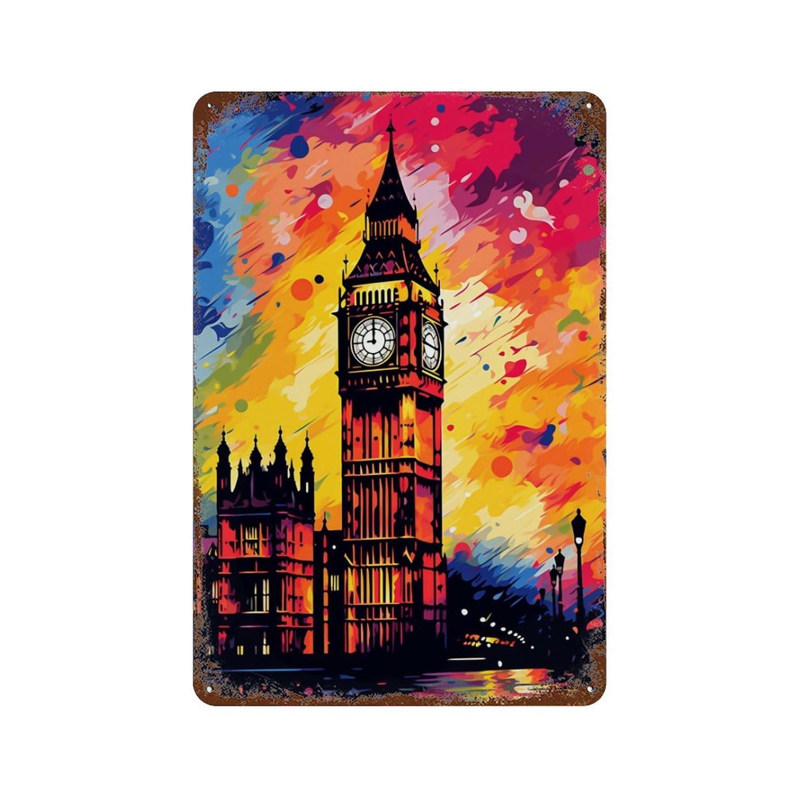 London's Vibrant Big Ben Rust Effect Tin Sign 11.8"x7.9", Industrial Home Decor for Basement, Hobby Room And Garage Decor