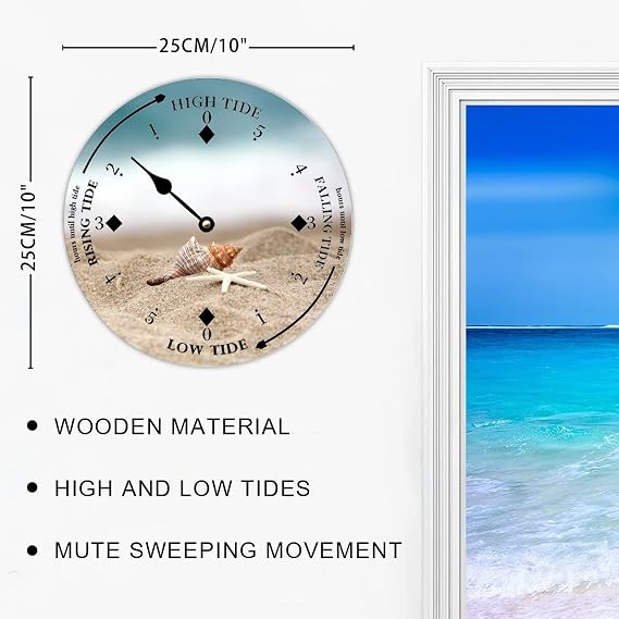 Wall Tide Clock Moon Tidal Timer Beach and Shell Ocean Time Coastal Wooden Clock with High and Low Tide Nautical Tide Movement Clock Wall Decoration for Beach House Dining Room Summer Decor