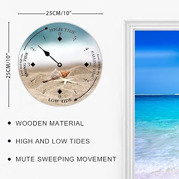 Wall Tide Clock Moon Tidal Timer Beach and Shell Ocean Time Coastal Wooden Clock with High and Low Tide Nautical Tide Movement Clock Wall Decoration for Beach House Dining Room Summer Decor