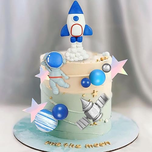 Miniatura 5 de Decoración para tartas espaciales, figuras de astronauta del espacio exterior, bolas de cohete y estrellas, decoraciones temáticas espaciales para