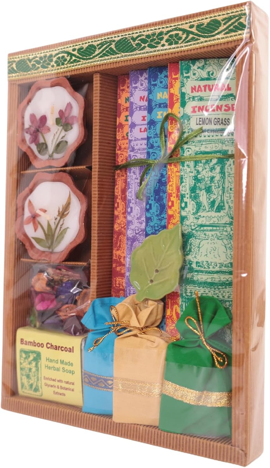 Aromatherapy Scented Gift Hamper Set, Including Natural Lotus Incense, Herbal Soap, Potpourri, Decorative Candles, 6 Piece Gift Box, 5.9x5.9 Inches