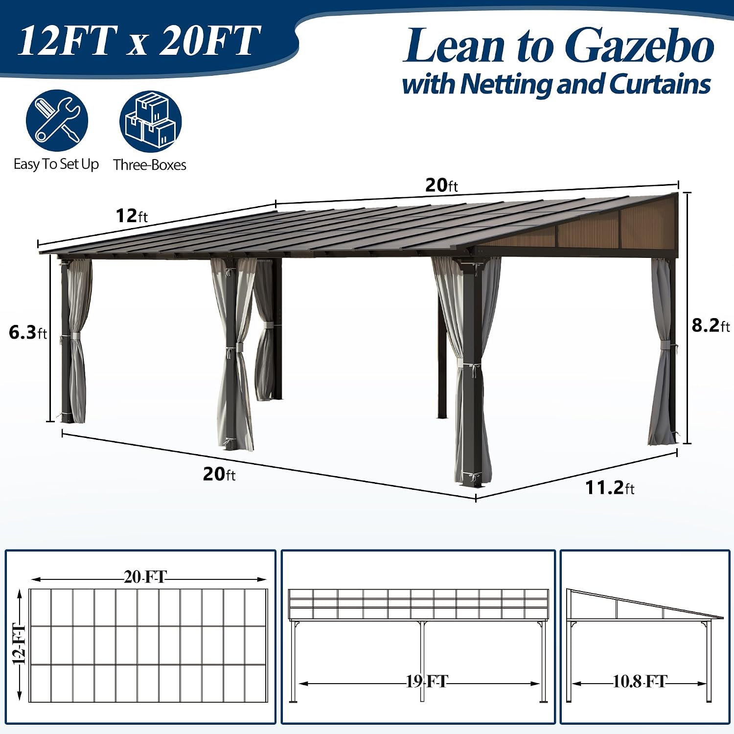 COVERONICS 12' X 20' Outdoor Polycarbonate Lean to Gazebo - Wall-Mounted Aluminum Frame Gazebo with Slope Hardtop, Patio Heavy-Duty Lean to Pergola with Netting & Curtains for Garden, Backyard, Deck
