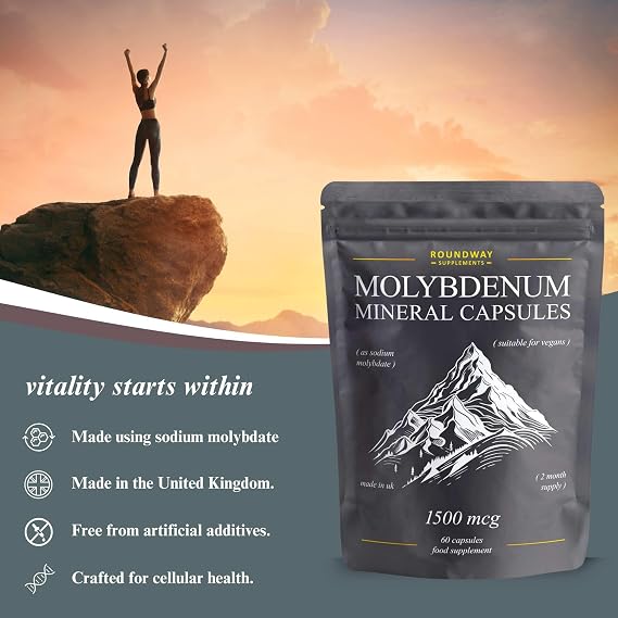 Molybdenum Mineral Capsules | 1500mcg High Strength Trace Minerals | Sodium Molybdate | 60 Capsules, Long 2 Month Supply | Made in The UK by Roundway Supplements