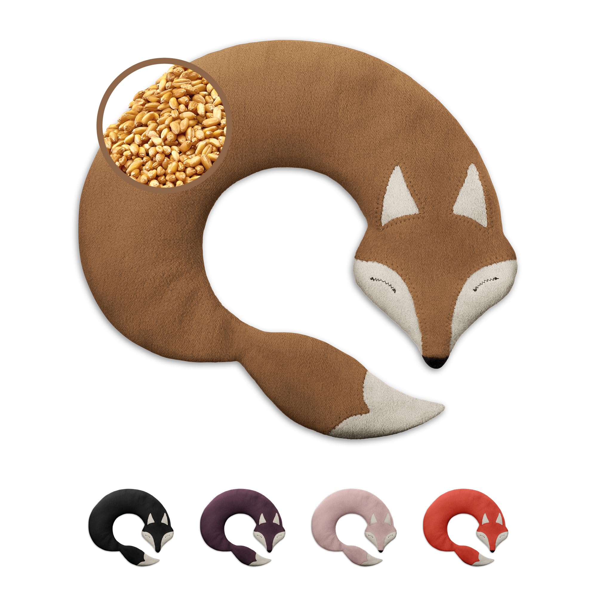 LESCHI Cuscino cervicale termico per microonde - 100% cotone e grano biologico - Cuscino riscaldante ideale per sciogliere tensioni a collo, spalle e schiena - Volpe, beige