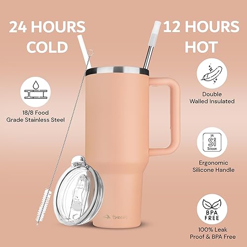 Miniatura 2 de Vaso de 40 onzas con tapa y popote de acero inoxidable, con aislamiento al vacío de doble pared con asa, a prueba de sudor, de fácil agarre, sin