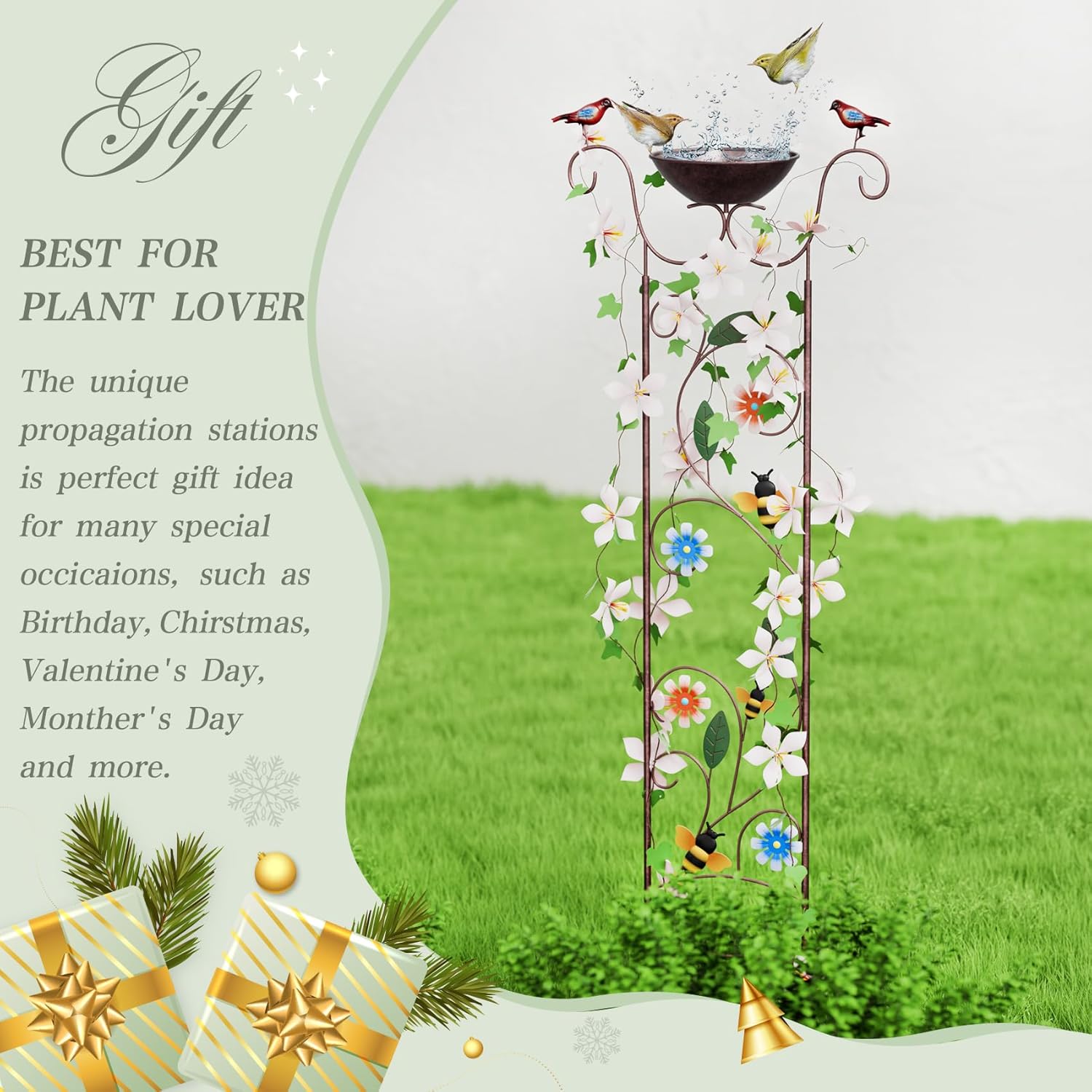 Bird Bath for Outside - Antique Iron Bird Bath with Trellis,Detachable Decorative Hummingbird Bowl,Metal Plant Support for Climbing Flowers,Elegant Outdoor Garden Feature (Honeybee)
