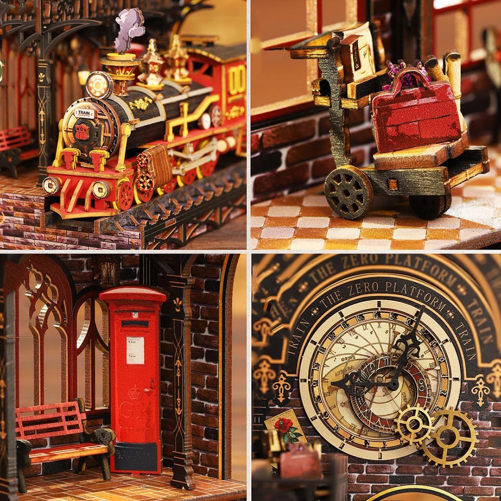 DIY Book Nook Kit, 3D Puzzle Miniature Train Station Bookshelf Insert, Christmas Theme Dollhouse, Adult Craft Project