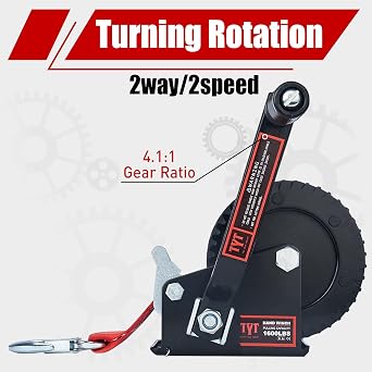 TYT 1600lb Boat Trailer Winch with 8M Red Strap, 2 Way Ratchet Hand Crank Strap Winch with Strong Hook, Heavy Duty Steel Construction Manual Gear Winch for RV Jet Ski Boat Trailer Towing Pulling Winch