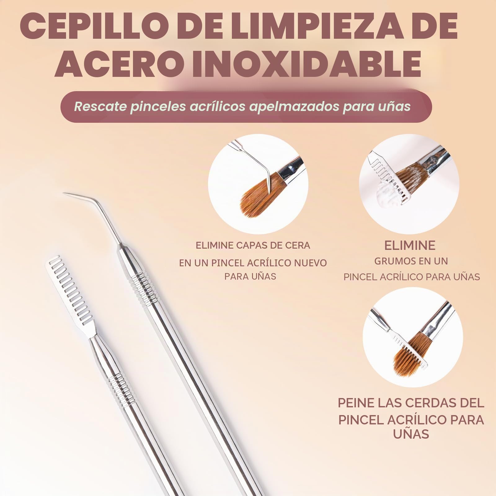 Aokitec Kolinsky Cepillo de uñas acrílico con limpiador de cepillos de metal - tamaño 8/12/14 cepillos de uñas para polvo acrílico, mango de madera cepillos acrílicos para uñas, extensión de uñas