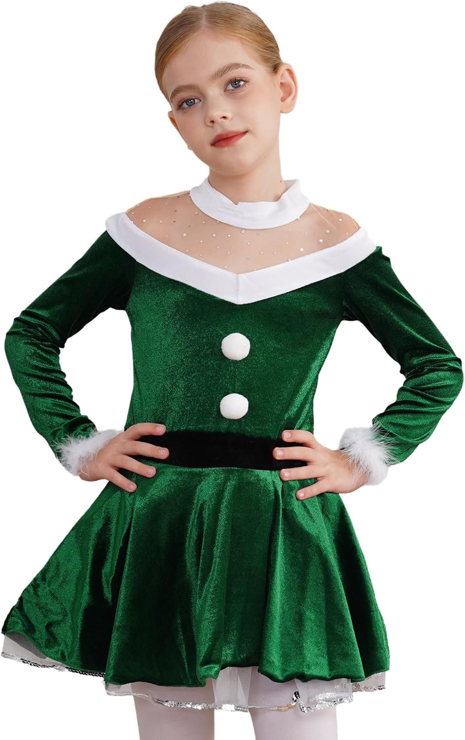 Kids Girls Christmas Mrs Santa Claus Costume Xmas Holiday Party Ballet Dance Figure Skating Dress Leotard