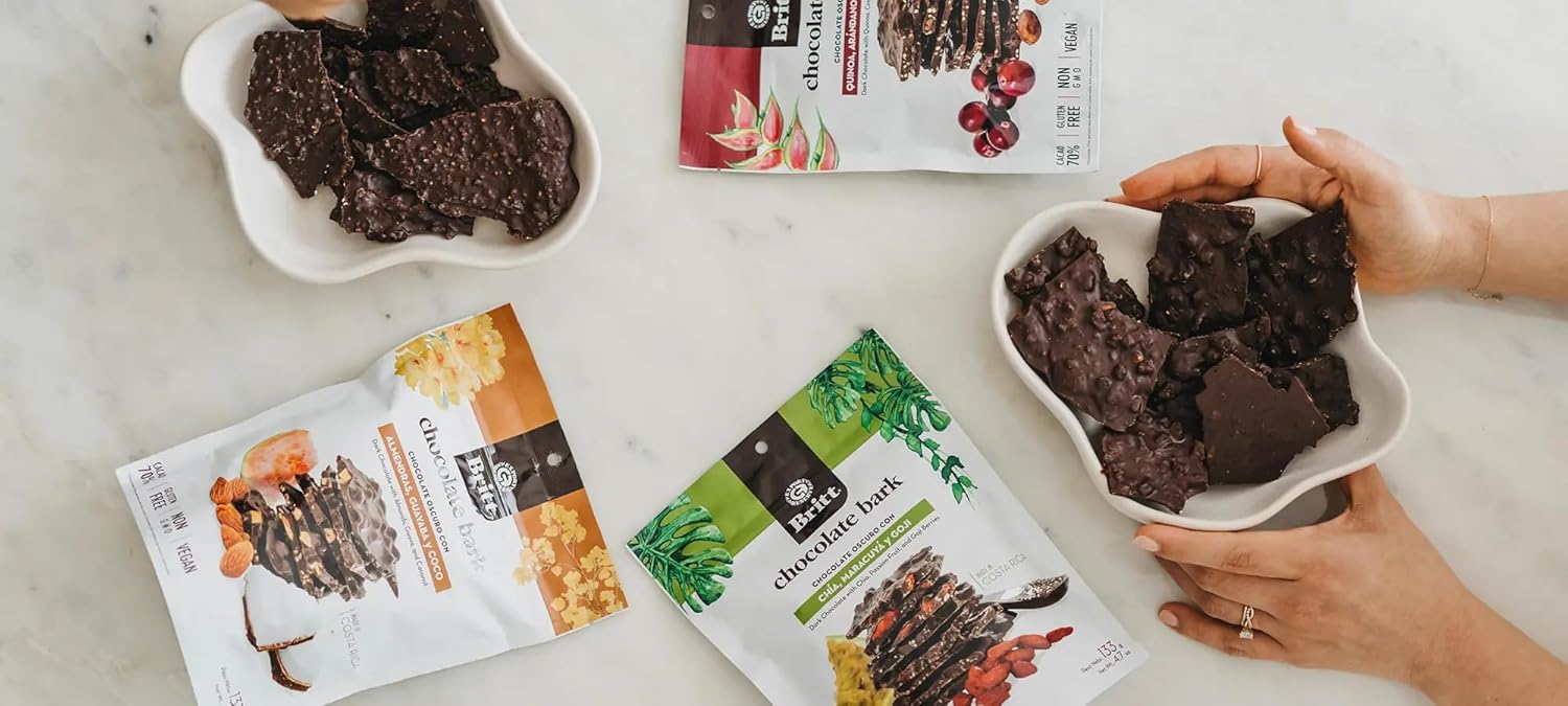 Britt Dark Chocolate Bark 3-Pack – 70% Cacao – Chia, Passion Fruit & Goji + Quinoa, Cranberries & Cacao Nibs + Almonds, Guava & Coconut – Vegan, Gluten-Free, Non-GMO – Gourmet Snack from Costa Rica – 4.7 oz Each