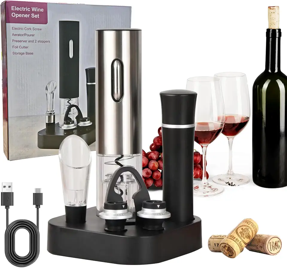 Kit Abridor de Vinho Elétrico, Saca Rolhas Vinho Eletrico, Derramador de Aerador, Bomba de Vácuo,base e 2 Rolhas,Recarregável