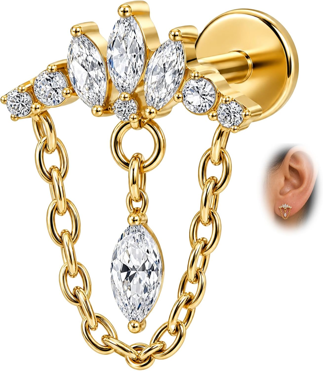 G23 Titanium Crown CZ Chain Dangle Cartilage Stud 16G | Hypoallergenic G23 titanium, threaded flat back, 16G 6mm 8mm 10mm posts for helix conch tragus lobe