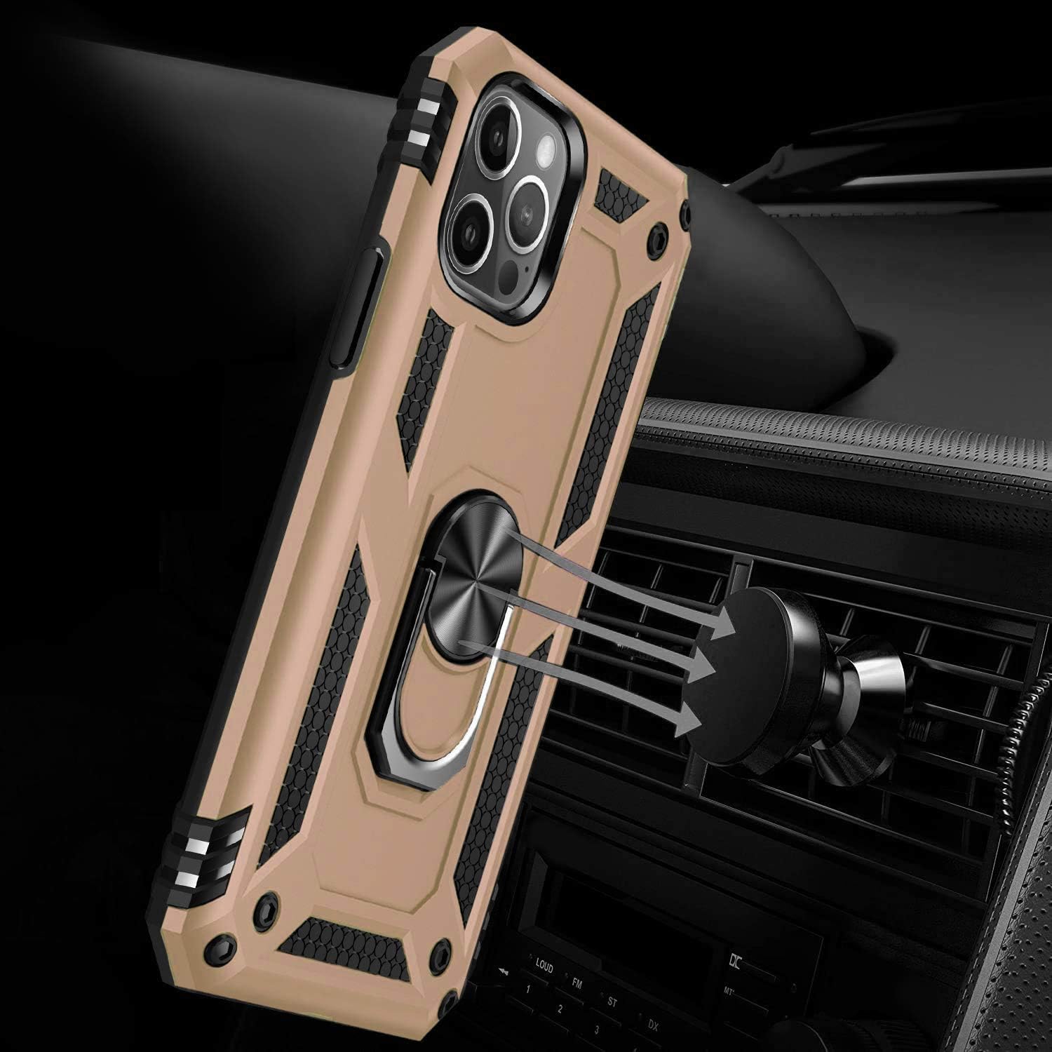 Pokanic Compatible with Apple iPhone 12 Mini / 12/12 Pro / 12 Pro Max Full Body Protection Kickstand Ring Holder Military Graded 15ft. Drop Tested Shockproof Cover Case (Gold, iPhone 12 Pro Max)