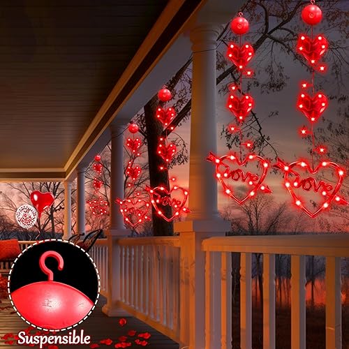 Miniatura 3 de TURNMEON Paquete de 3 luces de ventana para el día de San Valentín, funciona con pilas, silueta colgante de ventana, luz roja, en forma de corazón,