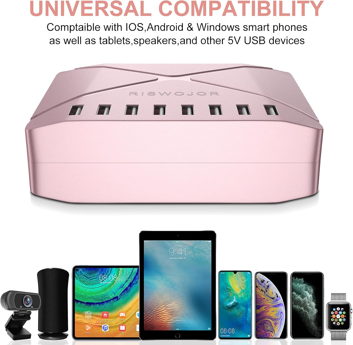 Multiple USB Charger Station, RISWOJOR 40W 8-Port Multiport USB Charging Station for Multiple Devices, Multi Port USB Charger with Intelligent Detect for Smartphones Tablets and More（Rose Gold）