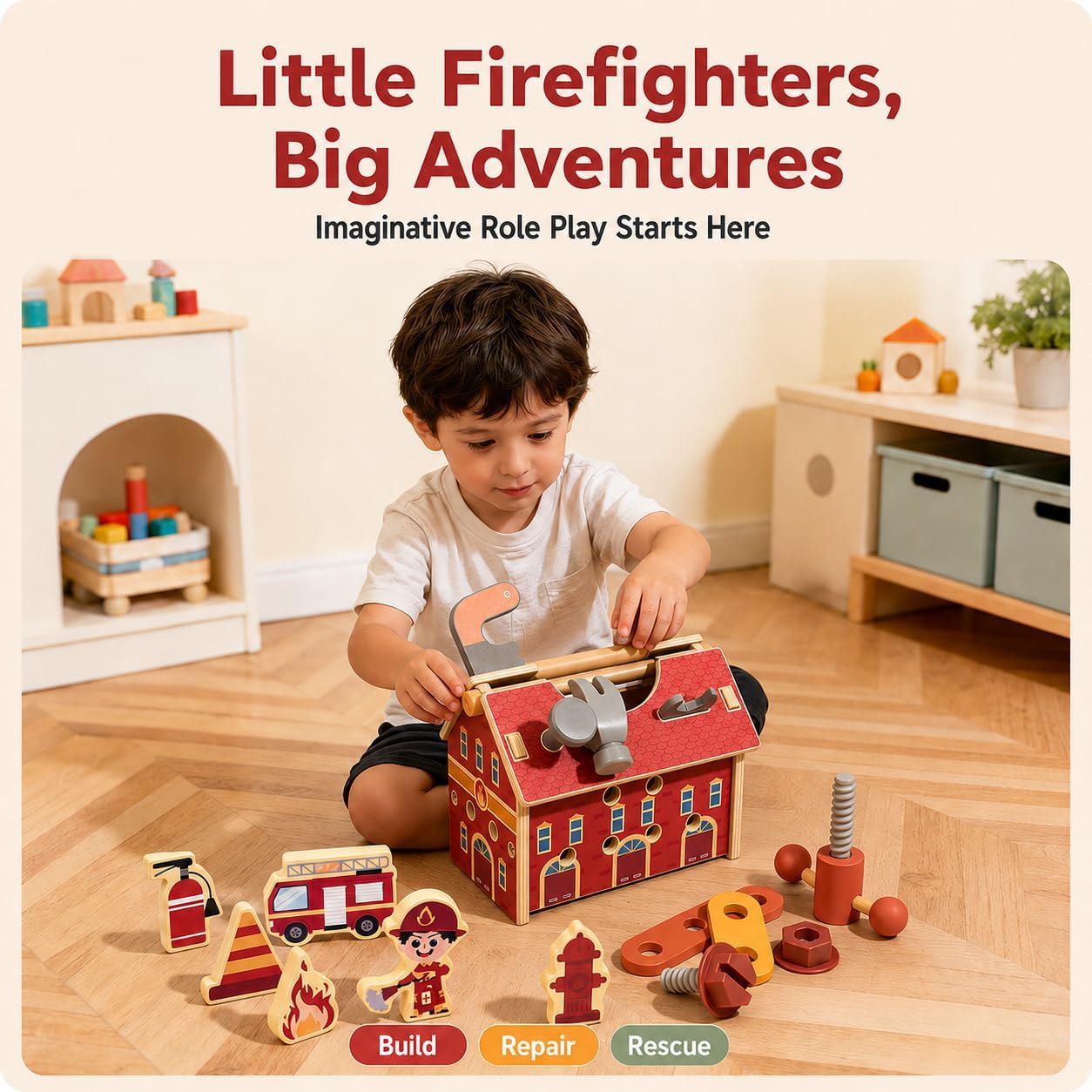 Kids Tool Set, 42 PCS Fire Station Wooden Tool Set with Toddler Tool Box Workbench, Montessori STEM Educational Construction Pretend Play Toy, Birthday Gift for Boys Girls Ages 3-5 image 5