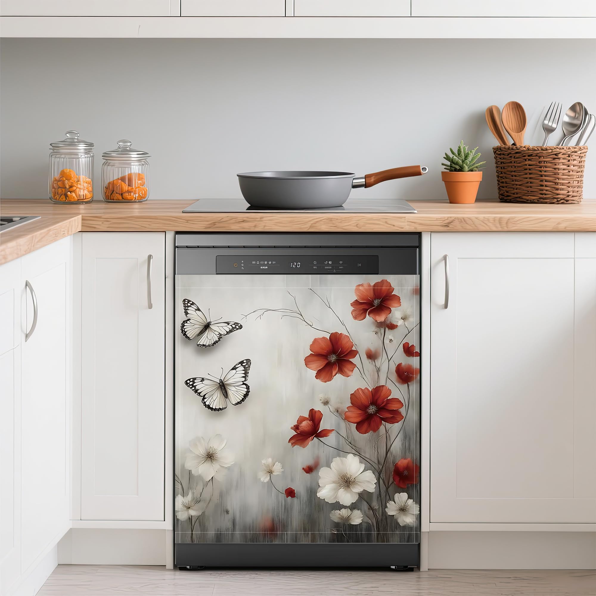 Vintage Red Flowers Refrigerator Magnet Cover,White Butterflies Washable Dishwasher Magnets Decorative Cover,Home Kitchen Decorative Dishwasher Front Panel Cover 23x26 Inch