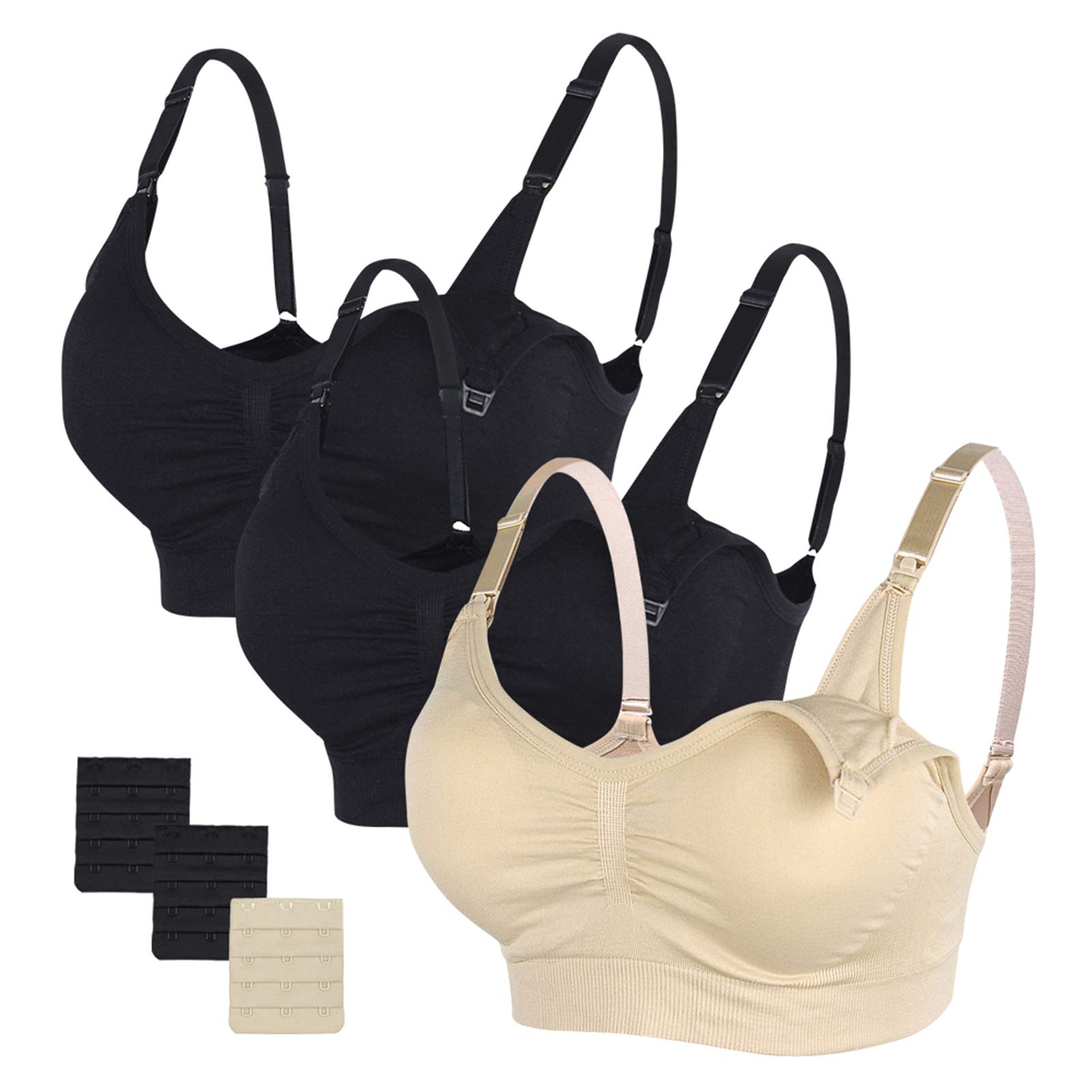STELLED Club Stelle Nursing Bras Maternity Bra for Breastfeeding Pregnancy Wireless Bralette with Pads, Extenders & Clips, Black+Black+Beige, X-Large