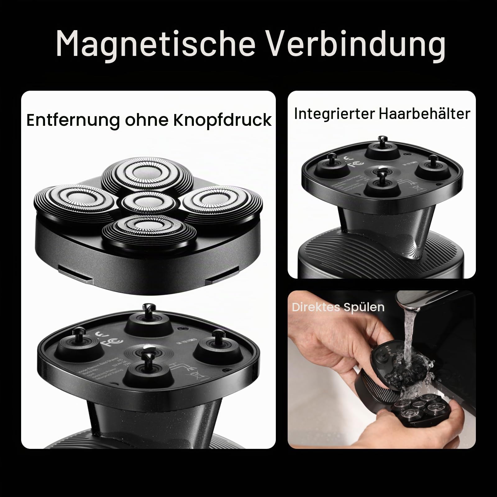 yoose Glatzen- Rasierer Herren elektrisch, IPX7 Glatzenrasierer (magnetisch 5 Scherköpfe, 90 Mins Laufzeit, USB-C-Schnellladung, Akkuanzeige, Kabellos, Nass- & Trockenrasierer) kopfrasierer, schwarz