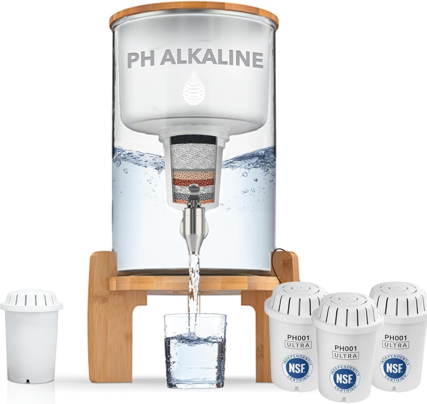 Invigorated Water pH Recharge Glass Alkaline Water Filtration Bundle – 8.5L Countertop Water Dispenser + 3 PH001 Ultra Replacement Filter – High pH Purifier for Clean, Alkaline Water