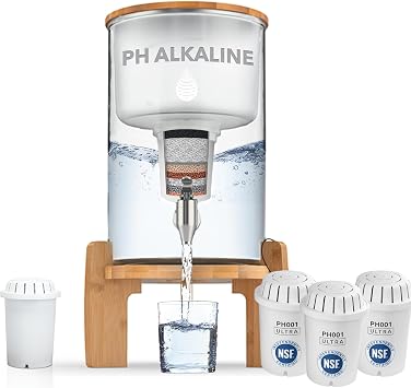 Invigorated Water pH Recharge Glass Alkaline Water Filtration Bundle 8.5L Countertop Water Dispenser + 3 PH001 Ultra Replacement Filter High pH Purifier for Clean, Alkaline Water