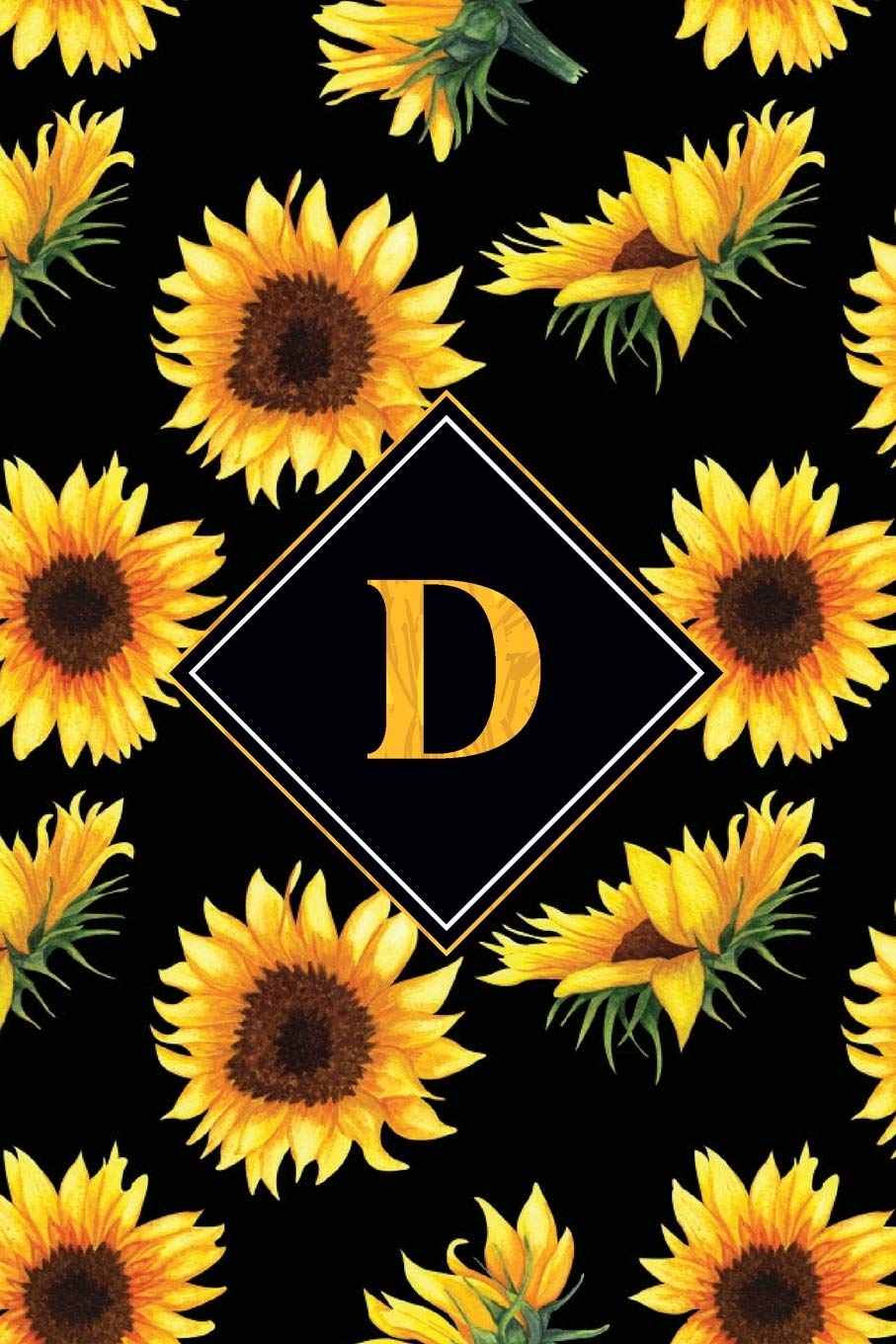 D: D Monogram Notebook - Black & Yellow Sunflower Personalized Gifts, Lined 120 Page, 6x9 Notebook Gift For A Sunflower Lovers