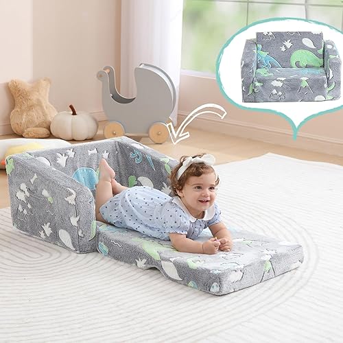 Miniatura 6 de Kisdsa Sofá plegable para niños pequeños con manta, silla abatible para niños pequeños, sofá de espuma para niños y niñas, sofá convertible a
