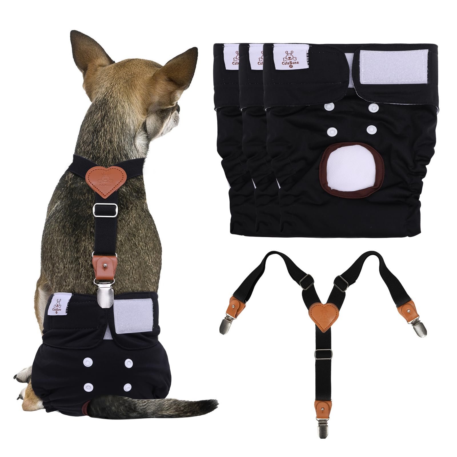 CuteBone Dog Diapers Female 3 Pack Reusable Doggy Diapers with One Suspender for Small Medium Large Dog Period BDD03L