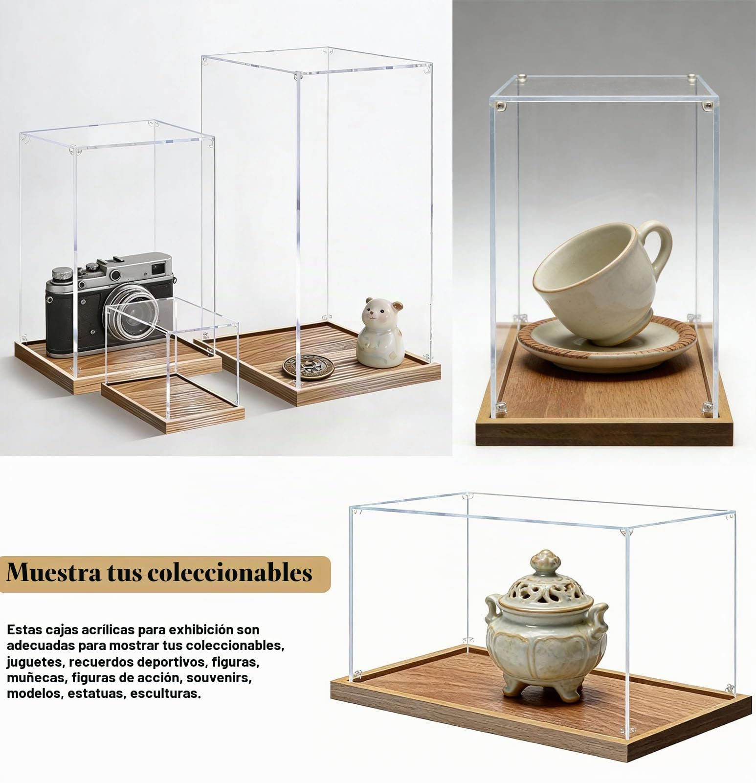 Vitrina Expositora Organizador de Acrílico Largo (20, 30, 40, 50, 60, 70 y 85 cm) Vitrina Transparente para Objetos de Colección, Base de Madera Cepillada(55x30x30cm/22x12x12in)