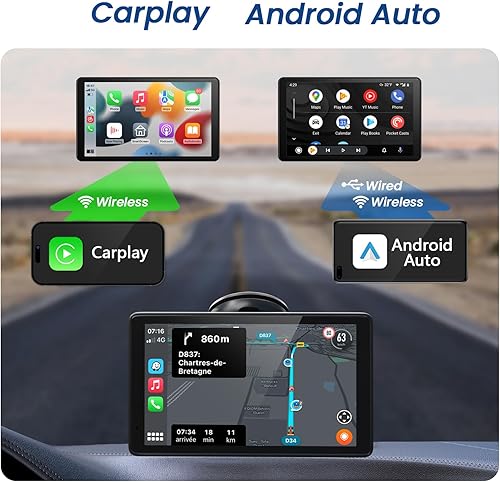 Miniatura 2 de FEISIKE Pantalla Carplay inalámbrica portátil HD de 7 pulgadas para coche, pantalla táctil estéreo de coche, Apple CarPlay y Android Auto, cámara de