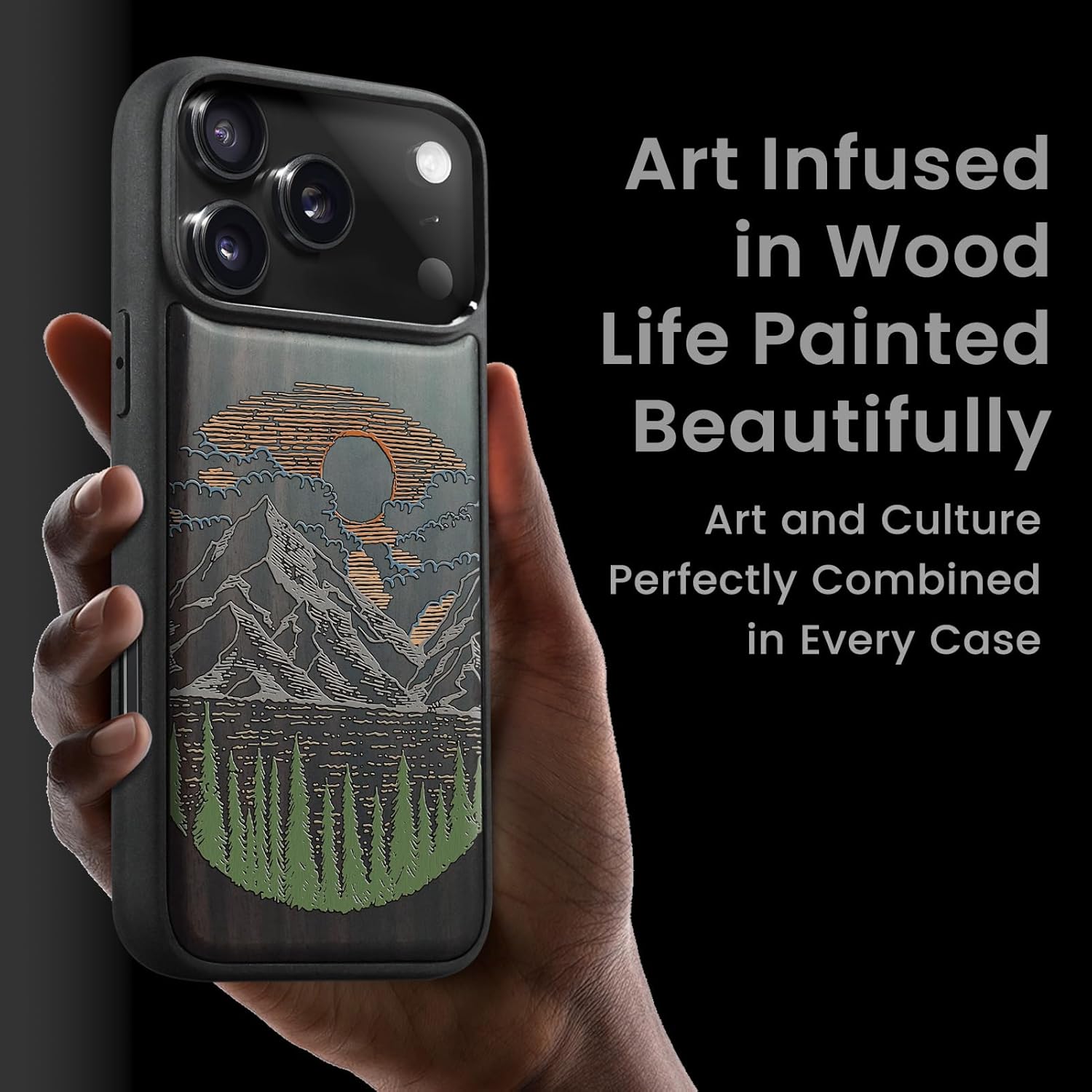 Magnetic for iPhone 17 Pro Case Compatible with MagSafe Wireless Charging, Wooden Cover & Shockproof TPU Phone Case, Dark Wood Hand-Drawn Pattern - Mountain Dawn